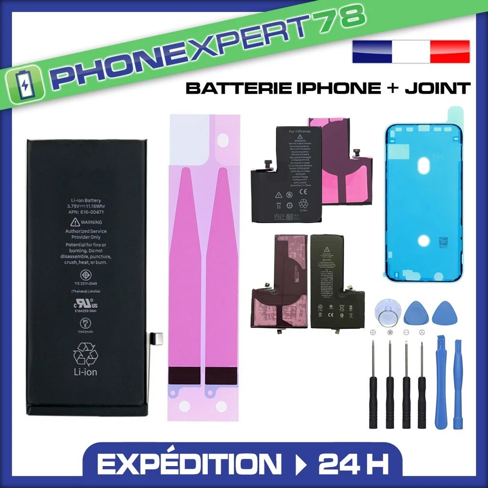 BATTERIE INTERNE COMPATIBLE IPHONE 7 8 X XR XS 11 12 13 14 15 16 PRO MAX + JOINT - Photo 1/1