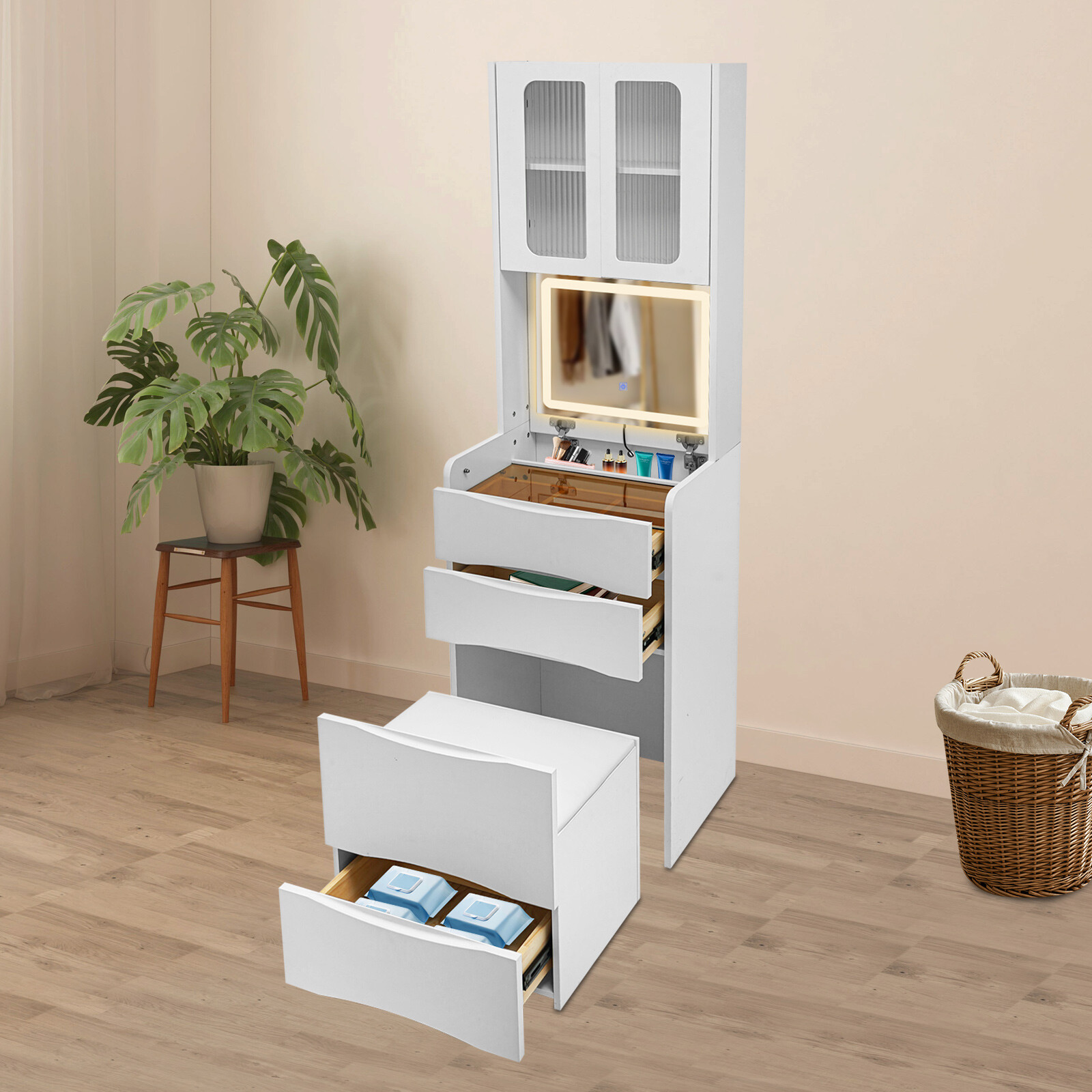 Modern Lighted Vanity Desk with Mirror, Drawers & Makeup Storage Shelf