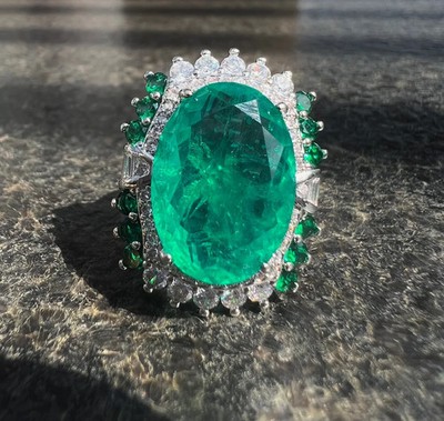 6.20 Ct Oval Cut Natural Emerald Diamond Wedding Ring 14K White Gold Size 8