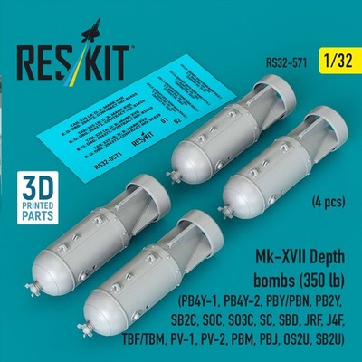 ResKit RS32-0571 - 1:32 Mk-XVII Depth bombs (350 lb) (4 pcs) (PB4Y-1, PB4Y-2, PB
