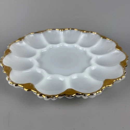 Vtg MCM Egg Plate Milk Glass Anchor Hocking Fire King  Deviled Egg Dish