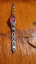 Fossil Tonneau Analog Wristwatch Pink Dial Silver Metal Bracelet Women - A013