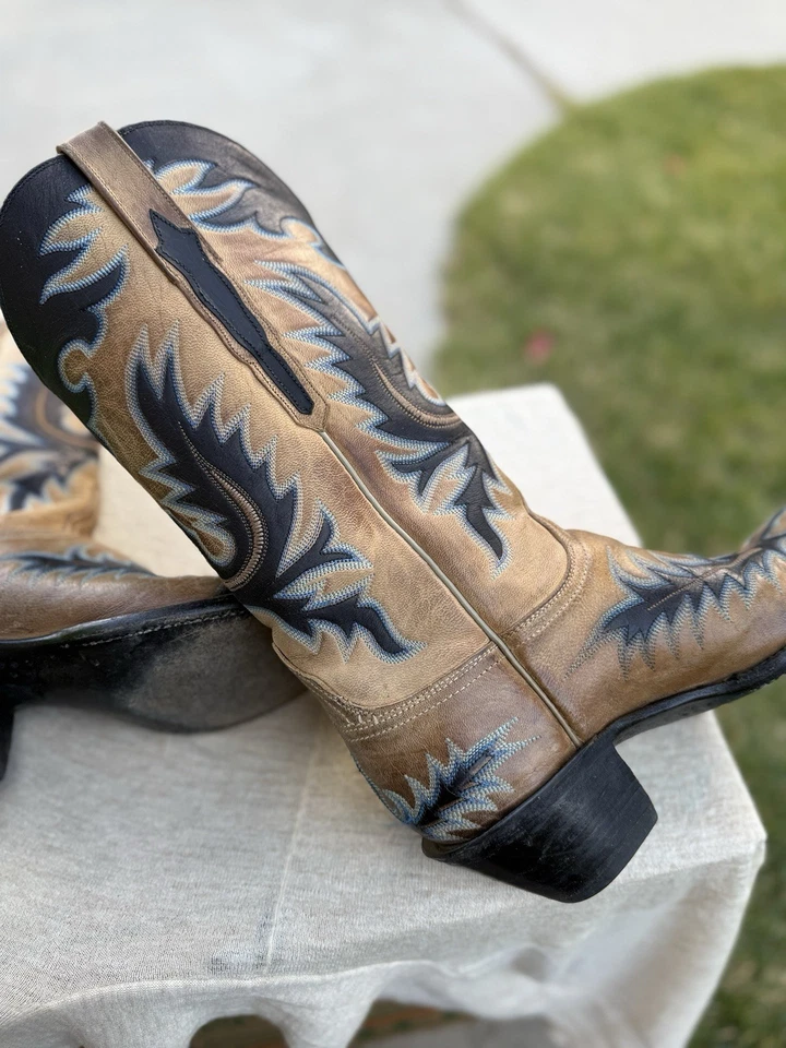 Lucchuse, Rare Vintage Inlay Cowboy Boots Women’s 8 Pearl Bone Mad Dog Goat - Image 2 of 4