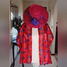 Red Hat Society Lady's Scarf Semi Sheer Red with Purple Hats purple trim 60x14