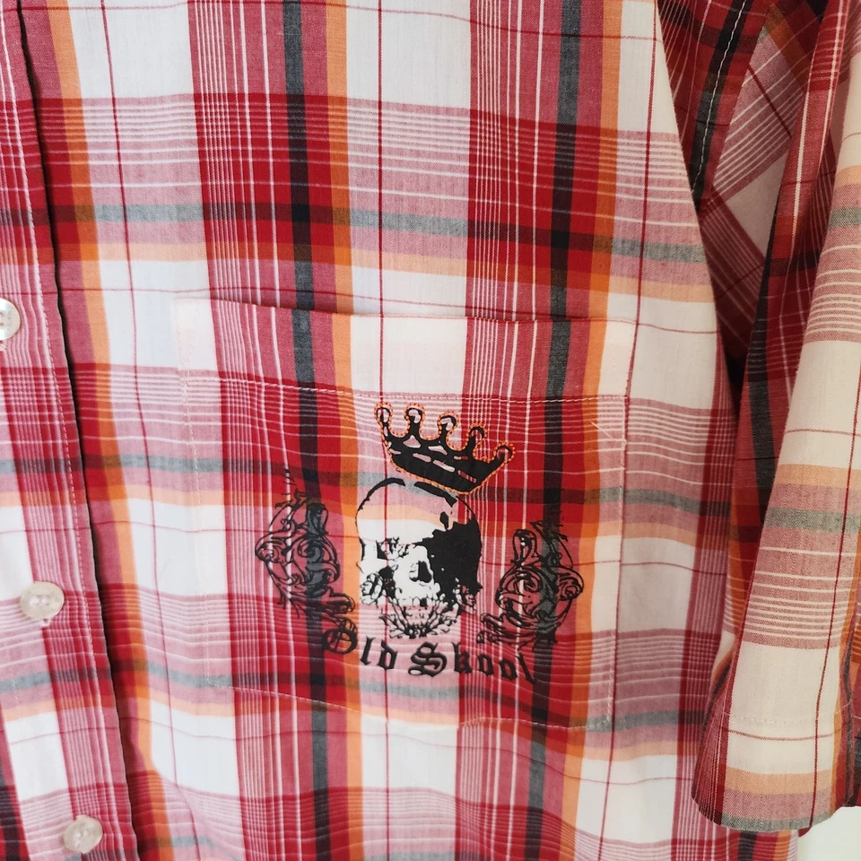 Camisa Old Skool Urban Wear roja a cuadros manga corta abotonada para hombre M gráfico de calavera Foto 3 de 4
