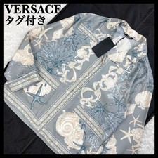 VERSACE Silk Shirt Baroque Medusa Pattern Light Blue White Size 36