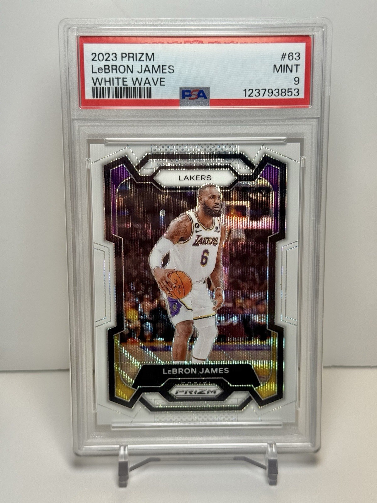 2023-24 Panini Prizm #63 Lebron James White Wave /38 PSA 9 Lakers