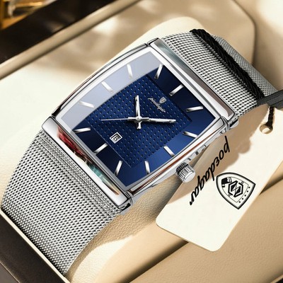 POEDAGAR Luxus Herren Uhr Edelstahl Mesh Quarz Wasserdicht Leucht Armbanduhr