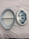 Vintage Pyrex 963-41 Horizon Blue Oval Divided Serving Dish w/Lid 1 1/2 qt-Rare