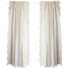 Boho Lace Door Curtain with Crystal Bead Tassels Cotton Sheer Window Panel