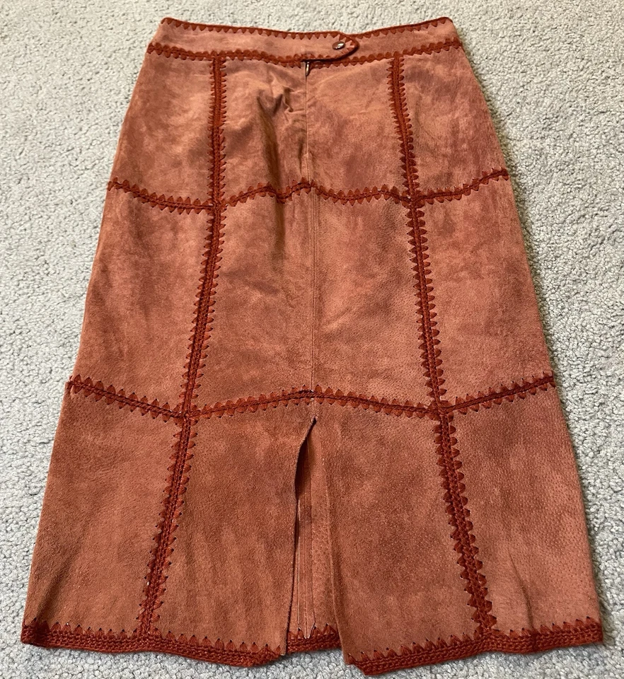 Y2K ASOS Suede Patchwork Skirt Women’s 4 Red Brown Whipstitched Classic Country - Image 2 of 4