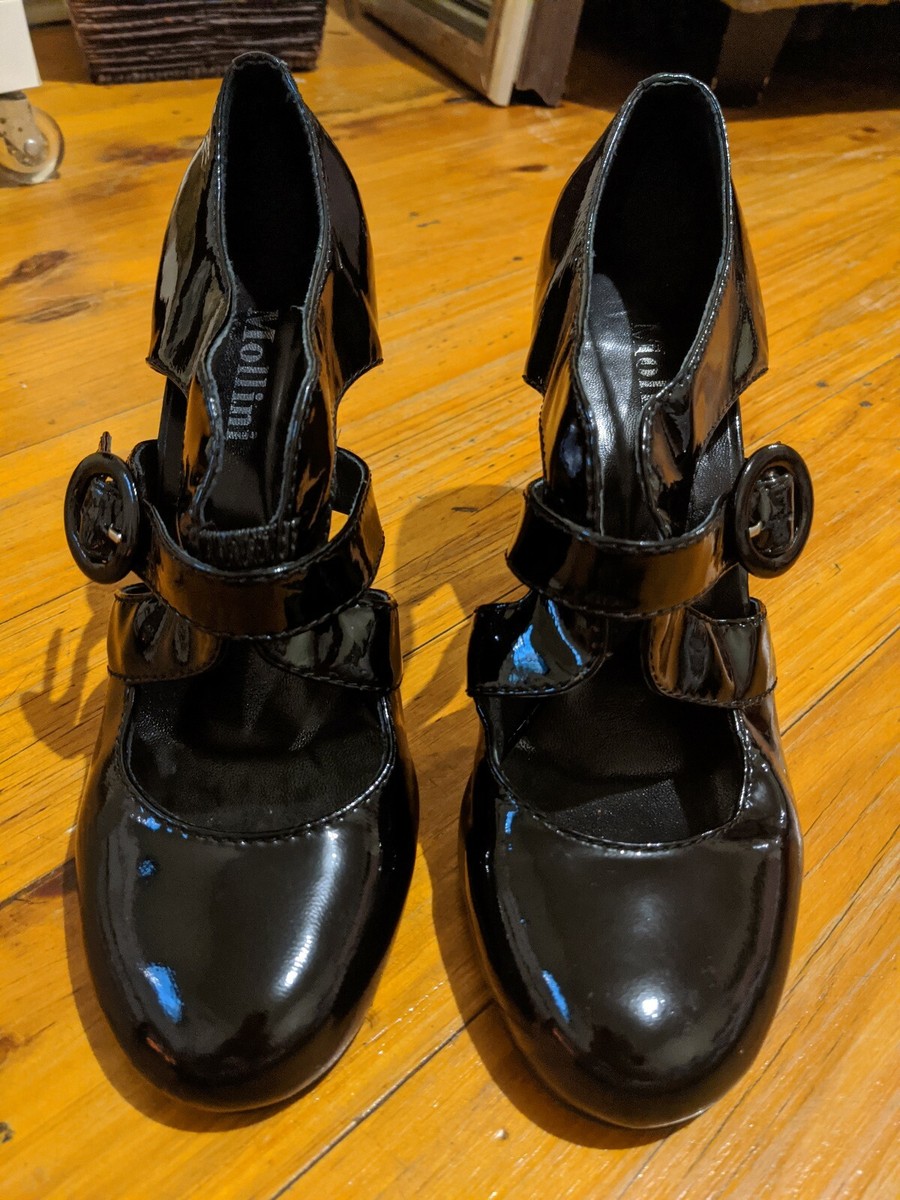 Mollini Black Patent Leather Ladies Heels EUR40 Aust8 Inch Wood