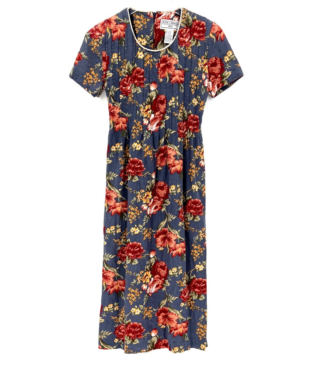 Vintage Jessica Howard Floral Maxi Dress Size 4P Linen Blend Cottagecore  Prairie