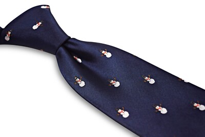 Cravate Homme Designer Frederick Thomas - Bleu Marine Foncé Motif Noël (bonhomme De Neige) - Neuf Avec étiquettes