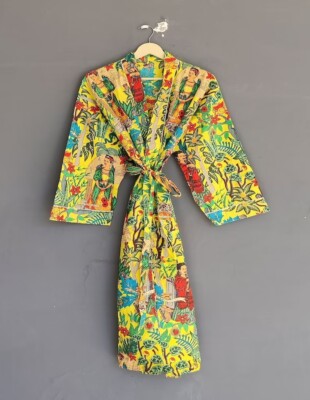 Indian Yellow Frida Kahlo Cotton Robe Long Kimono Sleepwear Night Kimono Robe US