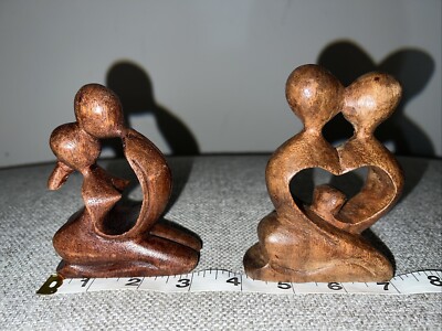 Set Of Two Wooden Kissing Couple Love Figurines Vintage Hand Carved 4 