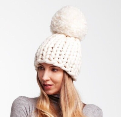 Chunky knit pom pom hat, Big pom beanie, Winter knitted wool hat