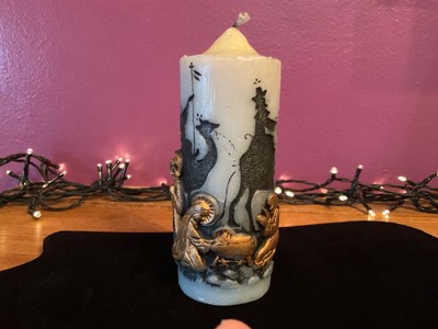VINTAGE CHRISTMAS CANDLE ~HONG KONG ~THREE WISE MEN ~NATIVITY SCENE BLACK ~ GOLD
