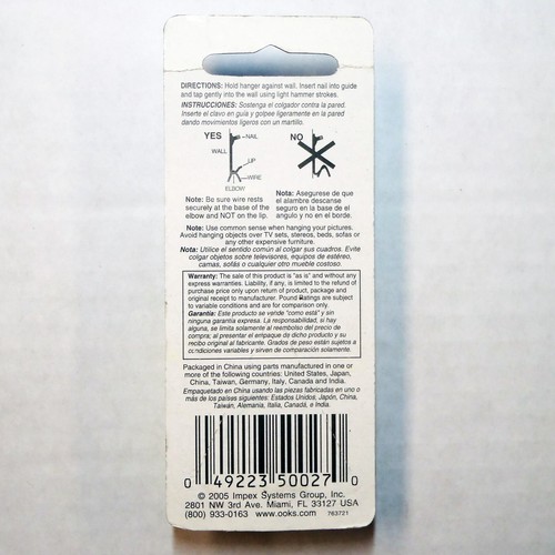 OOK 50027 Pro-Series Picture Hangers 100 lb. with 1-Hook, 3-Nails SEALED NEW IOP - Picture 2 of 2
