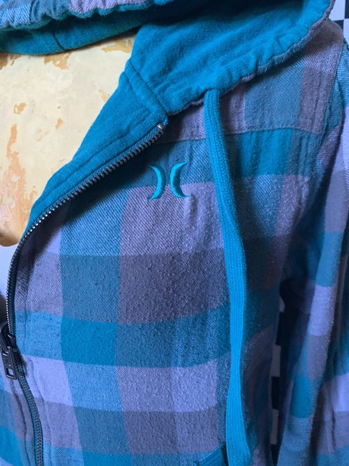 HURLEY Logo VERDE AZULADO CUADROS Sudadera con Capucha Camisa REVERSIBLE Chaqueta AQUA GRIS Talla M Foto 2 de 4