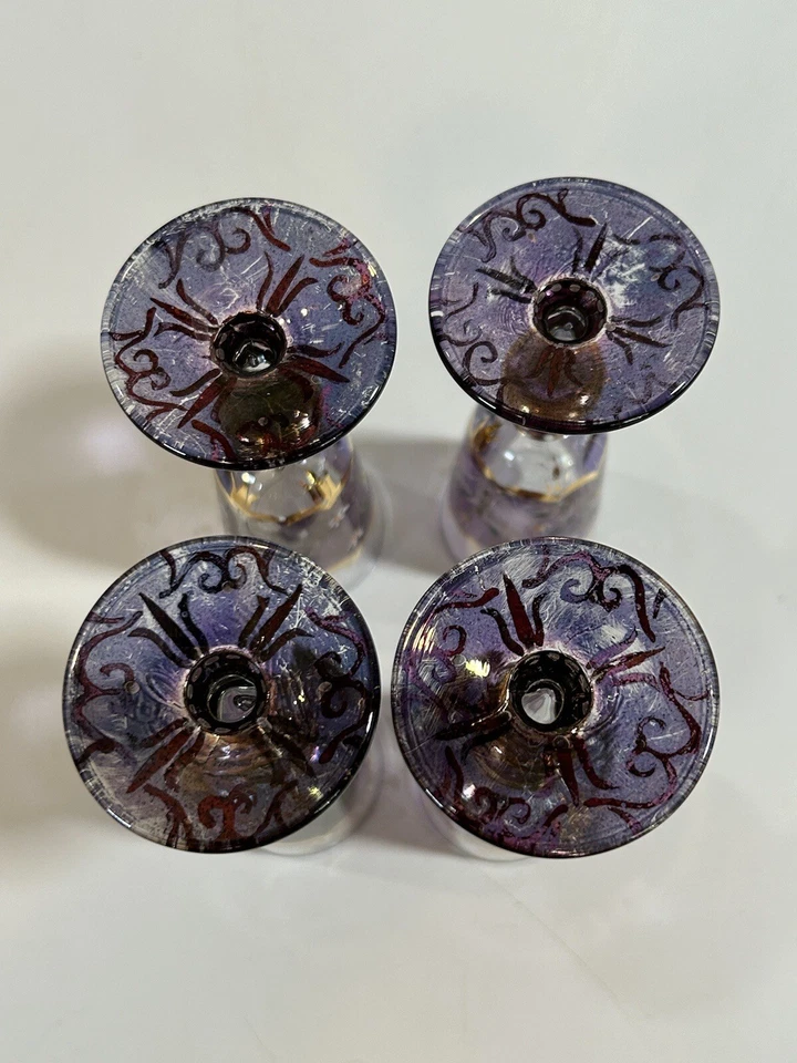 4 Antique Bohemia Cordial Glasses Amethyst Hand-painted Floral Gilt Daisy. - Image 4 of 4