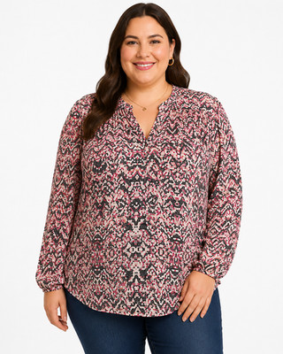 Sejour Nordstrom Blouse Womens 1X Pink Black Print Long Sleeve Tunic Top