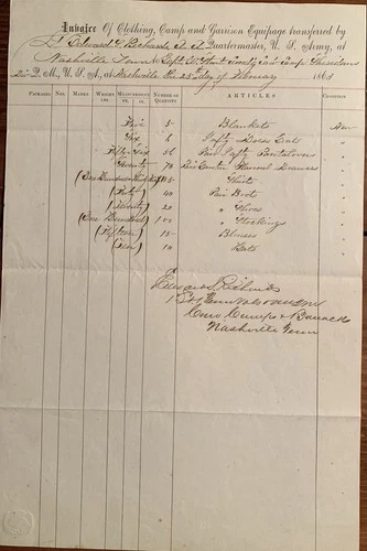 1863 Nashville Tennessee Civil War Document Capt. Stout 27th Illinois Infantry