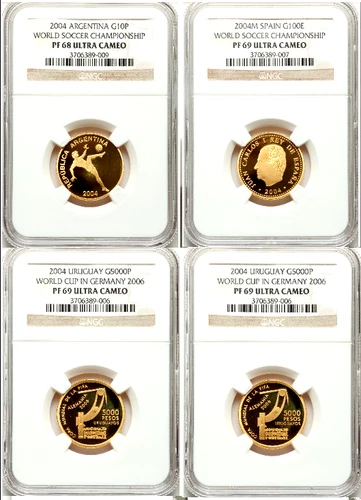2004 Argentina Spain Italy Uruguay Set 4 Gold Coins Soccer Champions NGC PF68-69