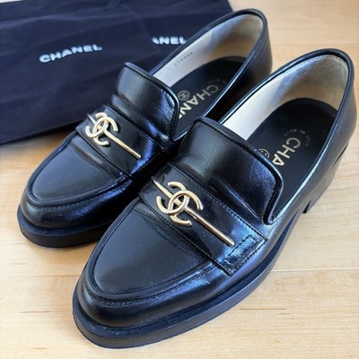 CHANEL coco Loafers Leather fashion flat shoe s women's black/gold Size 34