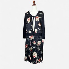 Y2K Silk Red Cream Black Floral Two Piece Set Cardigan Midi Skirt