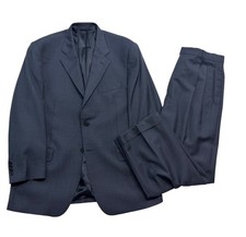 vtg 90s Zanieri Italy 44S 35x28 Navy Blue Plaid 2pc Pant Suit Tasmania Wool