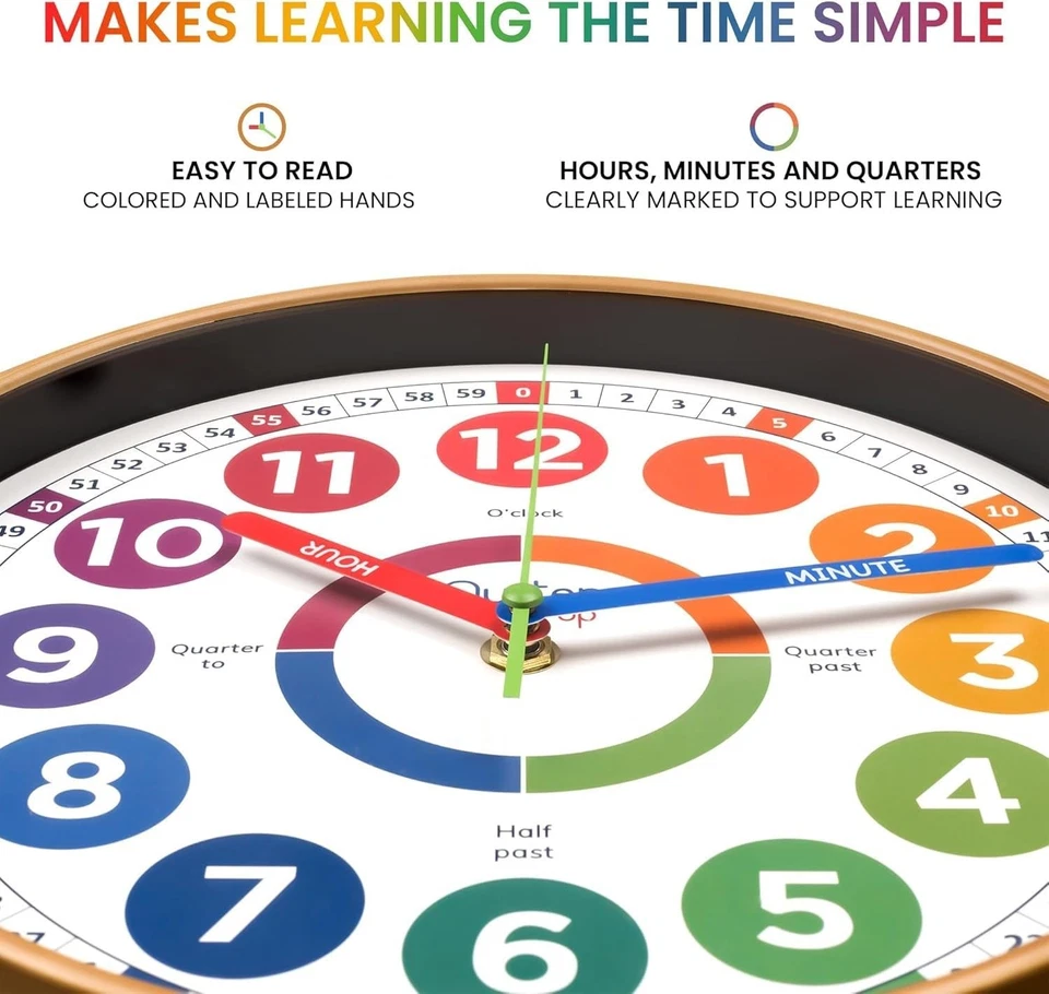 - Learning Wall Clock - Silent Analogue Telling Time Teaching Clock - Kids Le... - Image 2 of 4