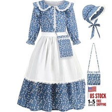 Girls Pioneer Costume Floral Colonial Prairie Dress for Little 4T-4/110 Blue