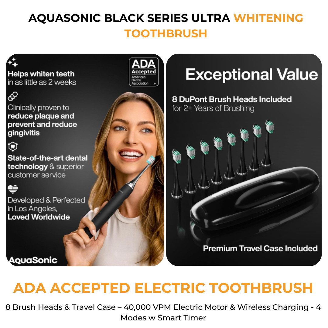 Aquasonic Black Series Electric Toothbrush ADA Accepted 40K VPM Case 8 Heads