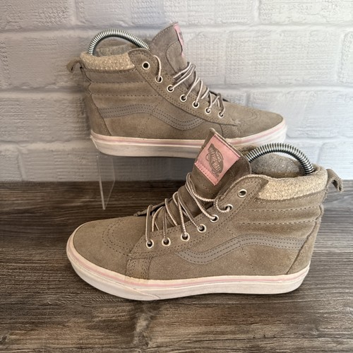 Vans Off The Wall Hi Top Trainers Suede Grey With Pink Trim UK Size 3.5