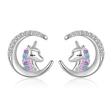 Unicorn Earrings Sterling Silver Cute Animal Unicorn and Moon Stud Earrings J...