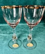 Jozef Stanik Czech Glass Goblet Cordial FY Famose Art Deco GOLD BALL STEM Set/2