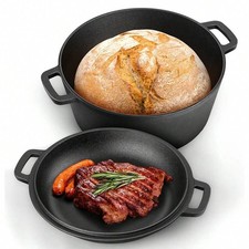 NEW 5QT 2-In-1 Black Cast Iron Dutch Oven Pot With Skillet Lid Cooking Pan
