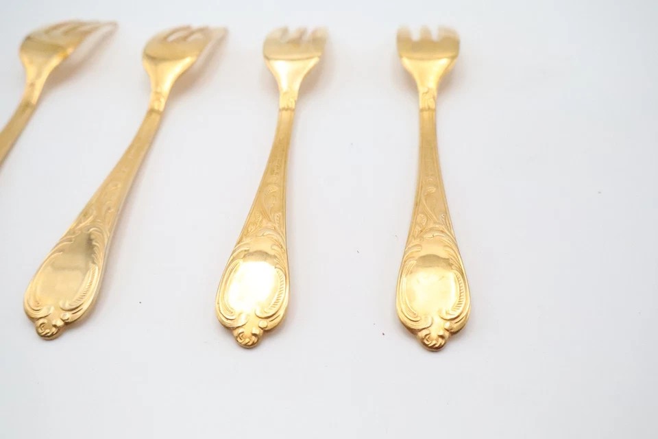 Set of 4 Solingen Germany 18/10 Stainless 23/24K Gold Plated Dessert Forks 6” - Image 4 of 4