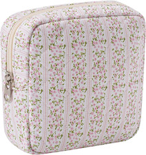 Small Quilted Cosmetic Pouch for Purse, Mini Cotton Makeup Bag with Compartments