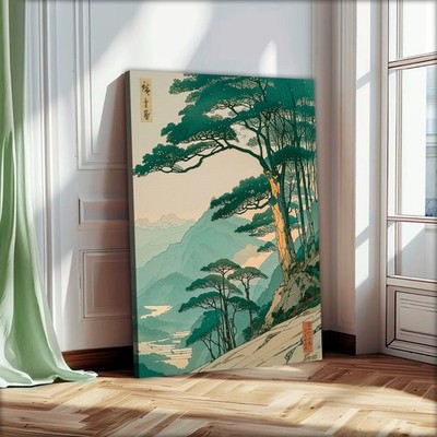 Vintage Japanese Forest Canvas Print, Tranquil Mountain Landscape Wall Art,