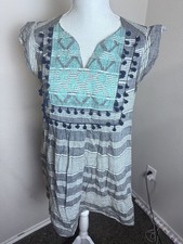 THML Womens Striped Boho Embroidered Pom Pom Trim Shift Dress Grey Blue TM3130 M
