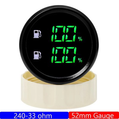 Green LED Digital Dual 52mm Fuel Level Meter Gauge with FlashingAlarm 240-33 ohm