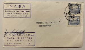 RARE CHILE COVER NASA GEMINI VI-VII RENDEZVOUS SIGNED BY DIRECTOR SHADDEAU JR