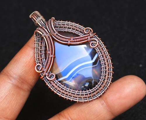Wedding Gift Pendant Natural Banded Agate Gemstone Copper Wire Wrap Jewelry N414 - Picture 4 of 12