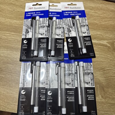6 Pack Tombow Mono Zero Eraser and Refill, Round 2.3mm. Precision Tip