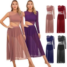 Womens Lyrical Dance Dress Cutout Mesh Patchwork Latin Performance Costume