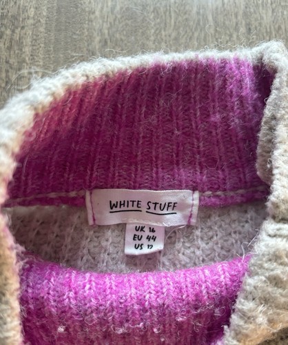 White Stuff Pink Mustard Orange Stripe Wool Blend Knit Jumper Size 16 Button - Picture 11 of 15