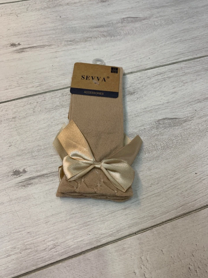 Calcetín hasta la rodilla español de alta calidad, niñas, romaní, con lazo de satén, talla UK 0-13 Foto 2 de 4