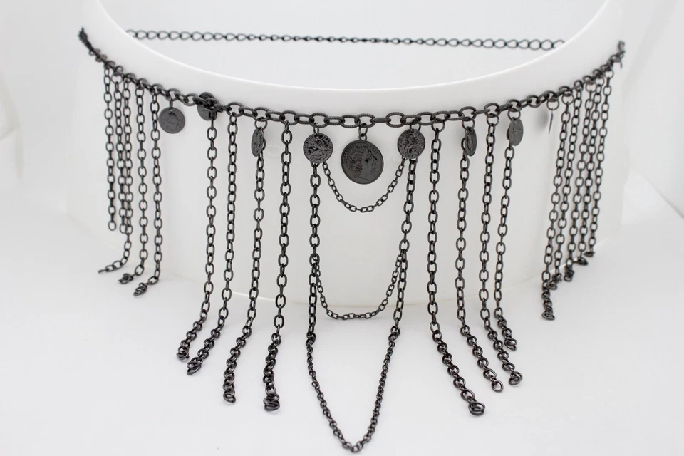 Женщин олова черный металл этнической моды ремень бедра высокая талия монета подвески XS S M - Изображение 2 из 4